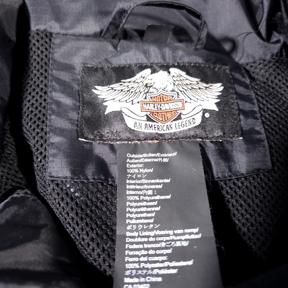 Harley Davidson Jacket Mens Medium Black Orange Windbreaker Packable Hood - Picture 2 of 11